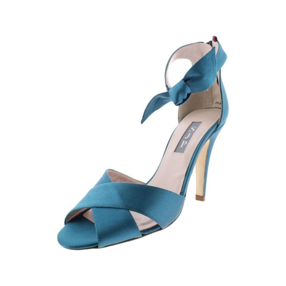 SJP Womens Teal Buckingham Round Toe Stiletto Zip-Up Leather Sandals 39.5 B
